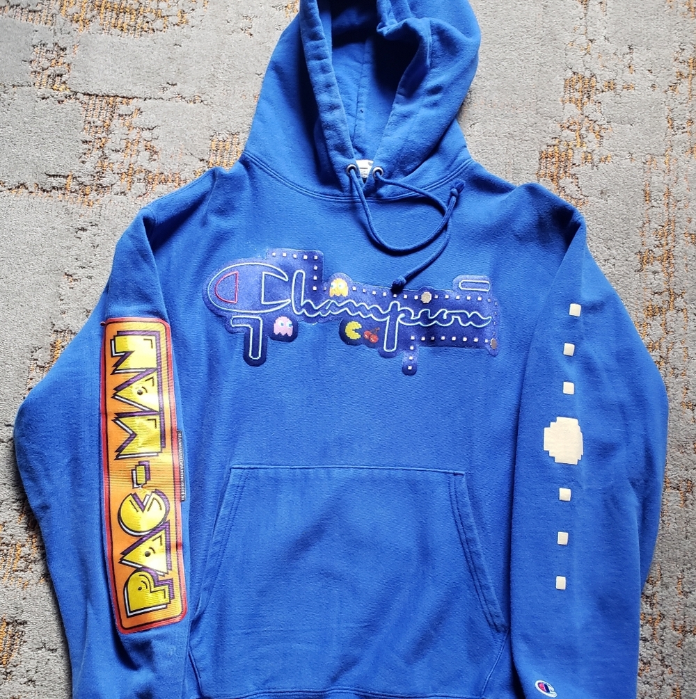 Champion Blue Hoodie with Pac-Man Graphics